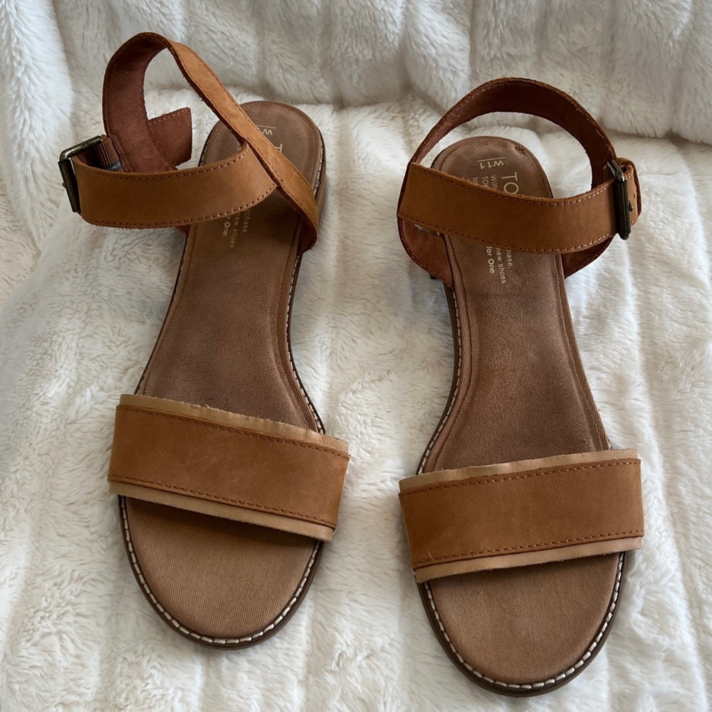 Toms Brown Two-Strap Low Block Heel Sandals